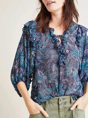 Anthropologie Haida Peasant Blouse Top Floral Boho Semi-Sheer Ruffle size XS